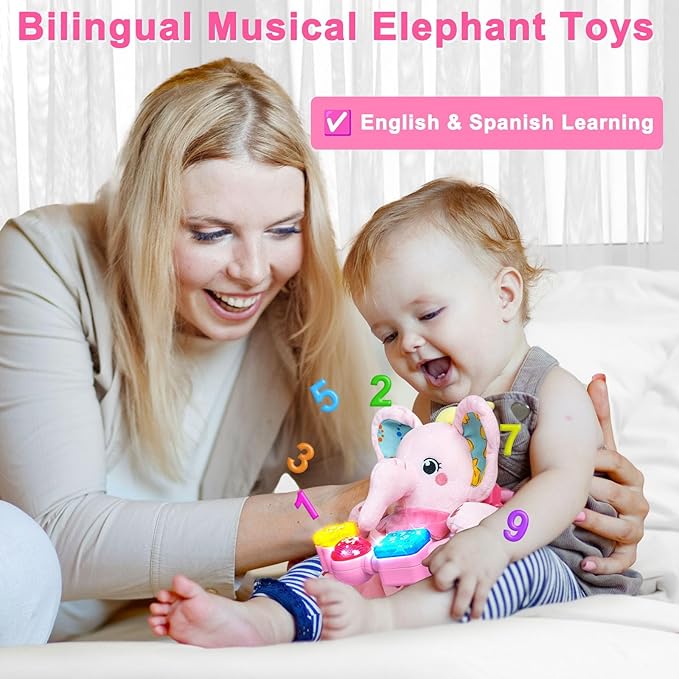 Baby Elephant Musical Stuffed Animals Toy with Light-Up Music & Crinkle Sound Paper,Infant Bilingual Early Learning Education Toys,Tummy Time Toys for 0-3-6-12+ Months Boy Girl, Pink