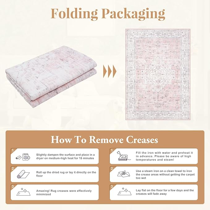 LIVEBOX Pink 8x10 Area Rug for Bedroom Girls, Boho Washable Rugs for Living Room Nursery, Non-Slip Indoor Soft Carpet Low-Pile Farmhouse Carpets for Dining Room Kids Playroom, Pink