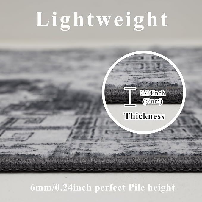 Washable Rugs 5x7 Area Rugs for Living Room, Thin Carpet for Bedroom, Soft Faux Wool Retro Dining Room Rug，Non Slip&Non-Shedding Resistant Low Pile Vintage Print Rug for Home Office (Medium Gray)