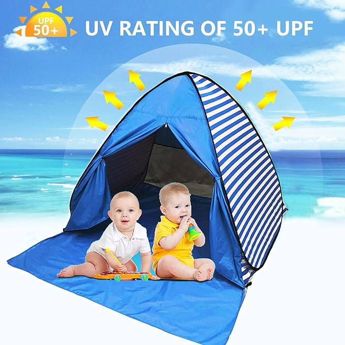 Pop Up Beach Tent Shade Sun Shelter UPF 50+ Canopy Cabana 2-3 Person for Adults Baby Kids Outdoor Activities Camping Fishing Hiking Picnic Touring(Dark Blue Stripes)