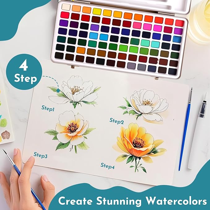 Tavolozza Fine Arts Watercolor Paint Set, 128 Colors Paint with Water Brush Pens and Drawing Pencil - Ideal for Painting, Drawing, and Art Supplies for Kids and Adults - Perfect Starter Kit