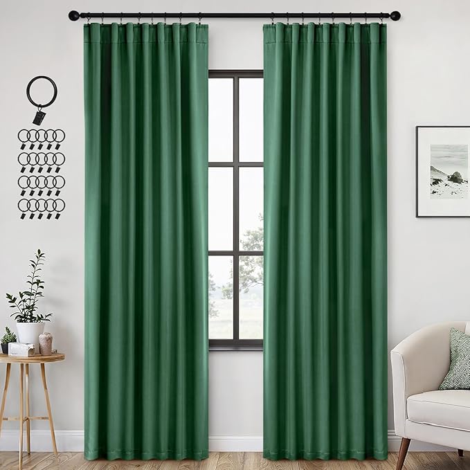 ANRODUO Back Tab Blackout Curtains for Bedroom Living Room, Rod Pocket Pinch Pleated Thermal Insulated Room Darkening Curtains 84 Inches Long 2 Panels, Hunter Green, 42 x 84 Inch
