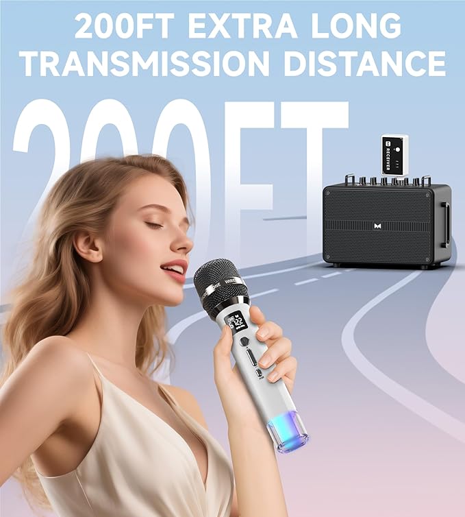 Wireless Microphones, Microphone with One-to-One Chip Connection and LED Lights, 40H Duration, 200FT Range Receiving, Volume Control Karaoke Microphone for Singing, Speech, Home Party, YouTube/TikTok
