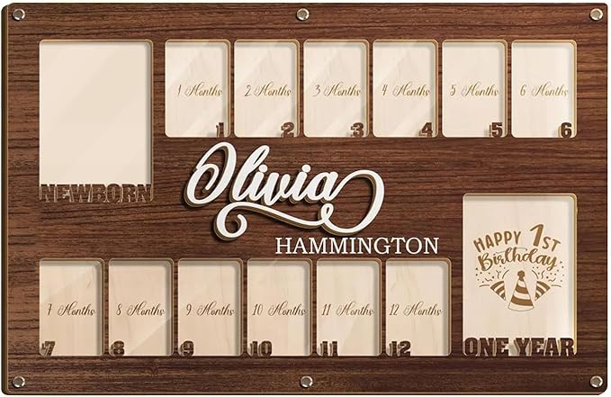 Personalized My First Year Photo Frame | 12 Months Picture Frame For Baby First Year | Displays Two 4x6 Photo and Twelve 2x3 Pictures | Birthday Party Decor Newborn Memory Keepsake, Design 08