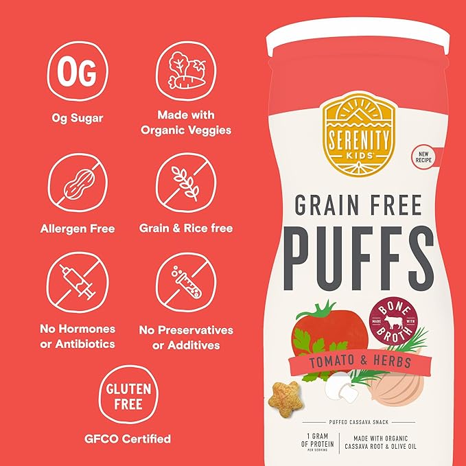 Serenity Kids 6+ Months Grain Free Puffs Toddler & Baby Snack | No Added Sugar, Gluten & Rice Free, Allergen Free | Made with Organic Cassava, Veggies, and Herbs | Tomato & Mushroom | 1 Count