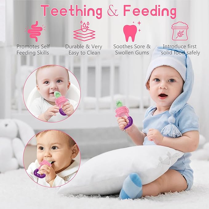 WAJIAYON Baby Fruit Feeder Pacifier - 6 Pack | 2 Infant Food Feeder Pacifier & 2 Baby Food Dispensing Spoon | Fresh Fruit Teethers for Babies | Silicone Feeder Babies,Infant Teething Feeders (Pink)