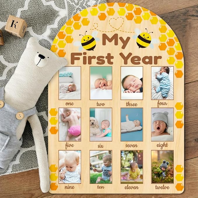 ORIGACH My First Year Baby Growth Photo Display Wood Board - 12 Months Newborn Milestones Photo Board - Neutral Baby Keepsake Board 1st Birthday Party Nursery Decor New Mom Gift - Bee