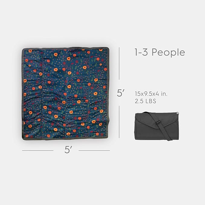 Little Unicorn 5'x5' Outdoor Family Picnic & Beach Blanket | Durable & Water-Resistant Fabric | Compact Fold & Easily Wipes Clean | Zipper Pocket (Midnight Poppy)
