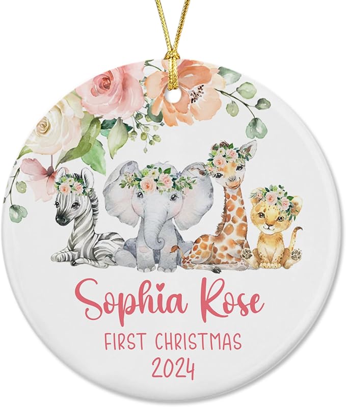 Unifury Personalized Baby First Christmas Ornament 2024, Keepsake for Babies First Christmas Tree, Holiday Decor for Celebrating Ceramic Babys 1st Christmas Ornament 2024, Safari Animal Floral