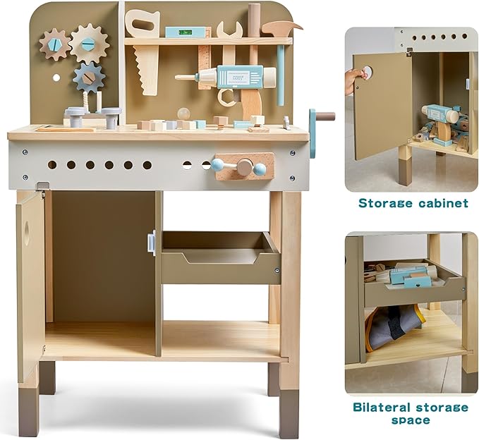 Kids Tool Set,Wooden Tools Bench with Apron Toddler Toy Workbench with Realistic Tools Electric Drill STEM Construction Toy Gifts for Age 3-9 Boys Girls