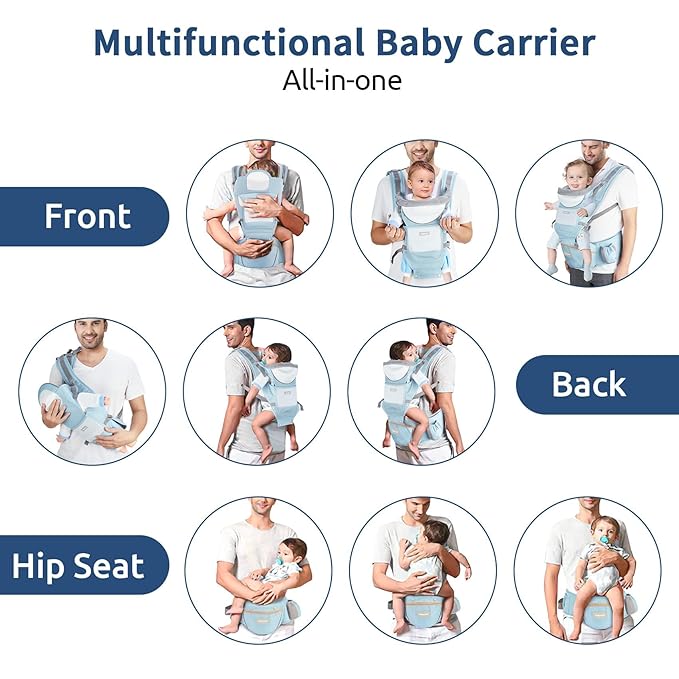 Baby Carrier with Hip Seat,Ergonomic M Position 6in1 Baby Carrier Newborn to Toddler,Head Support and Breathable Mesh Newborn Carrier,Adjustable Baby Holder Carrier for Dad&Mom-Blue