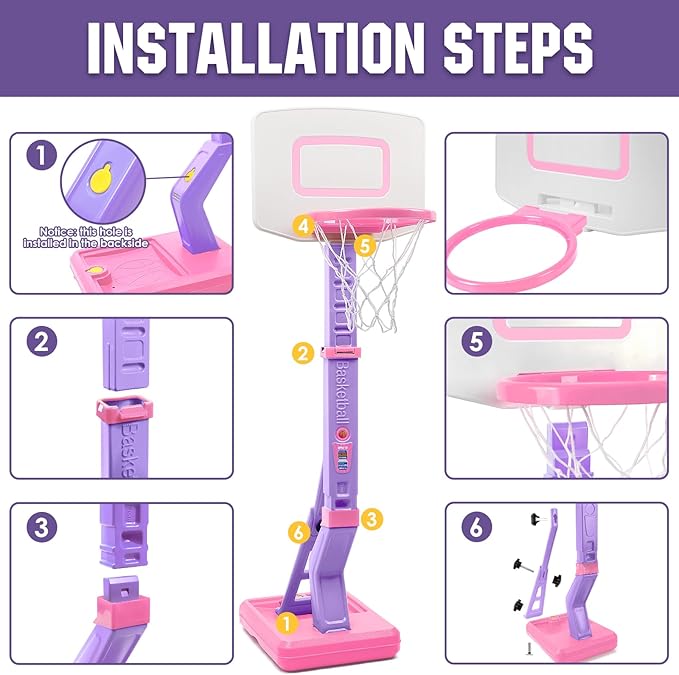 Super Joy Toddler Girl Basketball Hoop - Adjustable Kids Ball Hoop Set for Indoor - Portable Pink Mini Basketball Goal Outdoor Outside Pool Sport Toys Gifts for Baby Boys Age 1-3 2-4 3-5