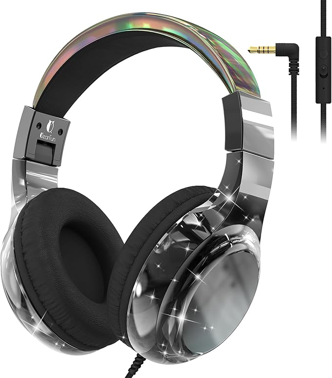 QearFun Kids Headphones Wired with Mic, 85/94dB Safe Volume Limit, Foldable Over Ear, Tangle-Free Cord & Sharing Port, Wired On-Ear Headset for School, Chromebook, Tablet, Travel - Boys & Girls