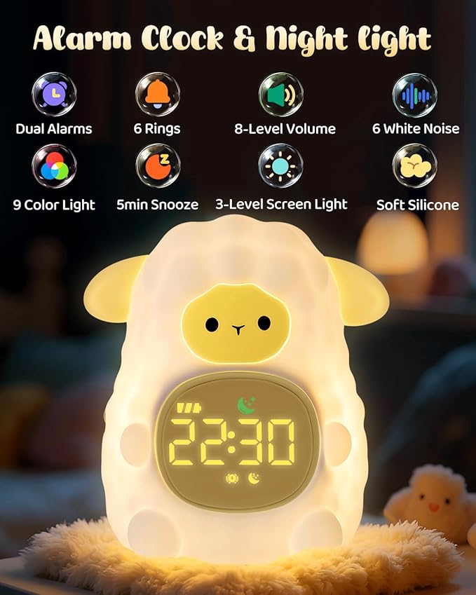Sheep Alarm Clock for Kids with Night Light, Sleep Training Clock Time to Wake Clock, Rechargeable Silicone Light for Bedroom, Perfect Sleep Companion for Boys Girls