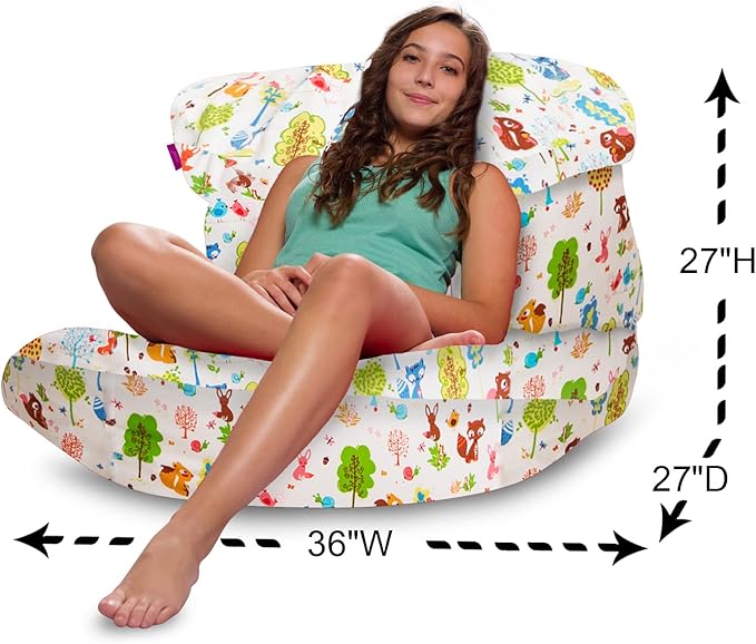 Posh Creations Bean Bag Chair Lounger Structured Seat for Kids, Teens and Adults, Comfy Chair for Gaming, Reading and Watching TV, Laguna Lounger, Canvas - Forest Critters on White