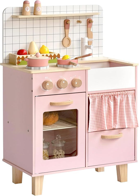 Pink Wooden Play Kitchen with Realistic Features & Accessories, Pretend Cooking Toy for Kids 3+, Ideal Gift for Toddler Boy and Girls