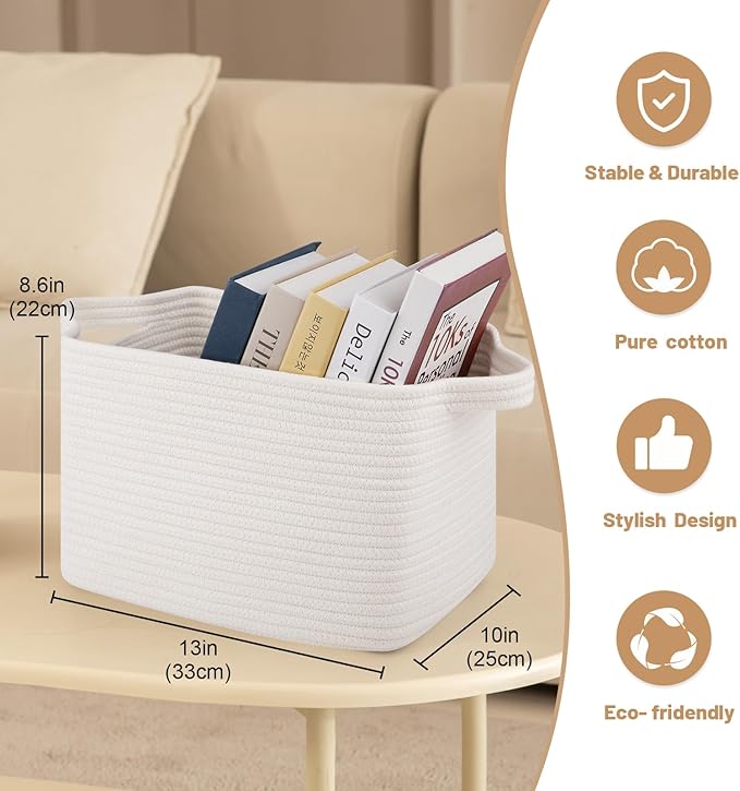 Storage Baskets for Organizing, Decorative Woven Baskets for Shelves, Cotton Rope Storage Cube Bins for Toys, Books, and Towels-13''Lx10''Wx8.6''H-3 Packs, White