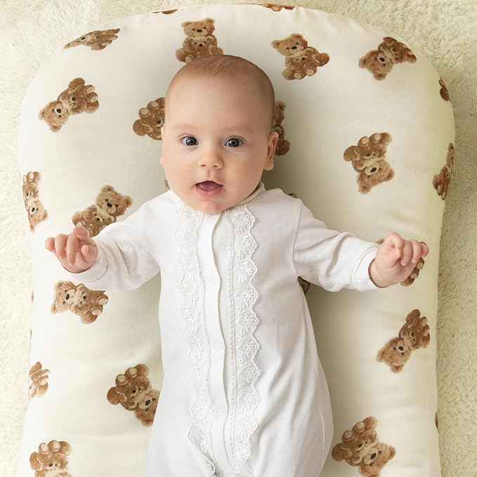 LifeTree Muslin Baby Lounger Cover, Newborn Slipcover Lounger Cover for Boys Girls Infant, Soft 70% Viscose from Bamboo and 30% Cotton, Cover Only, Bear Pattern, 30.7in x 20in