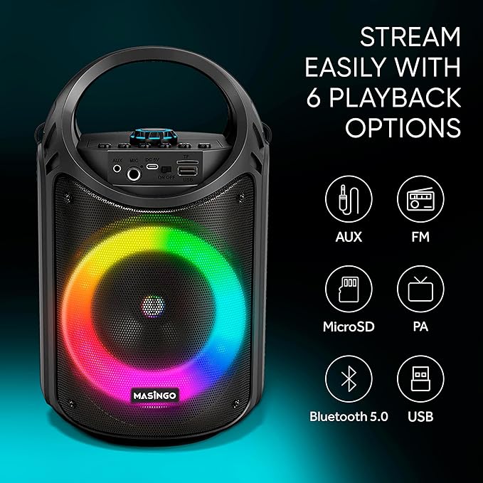 MASINGO Karaoke Machine for Kids and Adults with 2 Wireless Bluetooth Microphones, PA Portable Speaker with Colorful LED Lights, Supports TF Card/USB, AUX/MIC in, TWS for Home Party, Burletta C10 V2