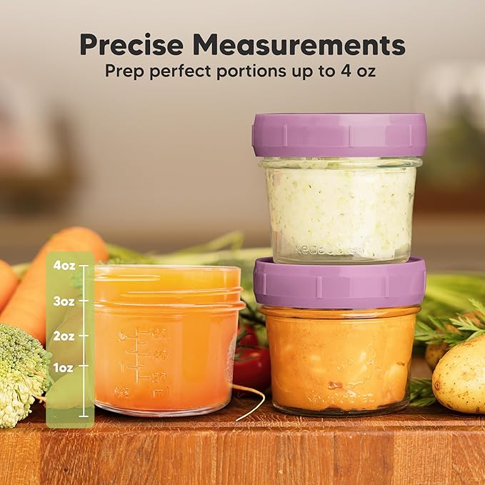 KeaBabies 6pk 4oz Glass Baby Food Containers with Lids - Leak-Proof, Microwavable Small Glass Jars, Baby Purees & Toddler Snack Storage Containers, BPA-Free, Dishwasher & Freezer Safe (Sunset)