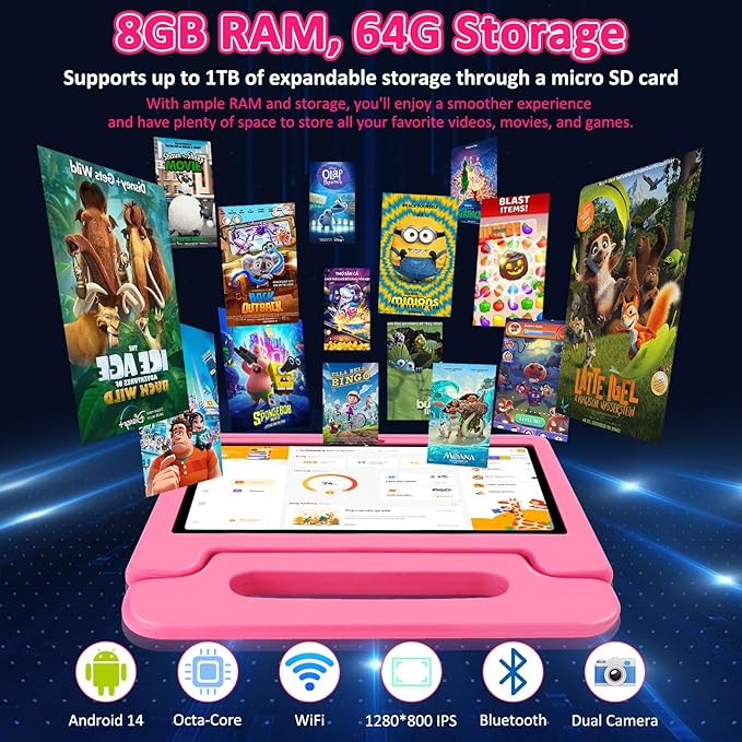Tablet for Kids, 10.1 inch IPS HD Touchscreen Android 14 64 GB Storage, 8GB RAM, Octa-Core Kids Tablet, Parental Controls, 12-hr Battery, WiFi, GPS - Pink