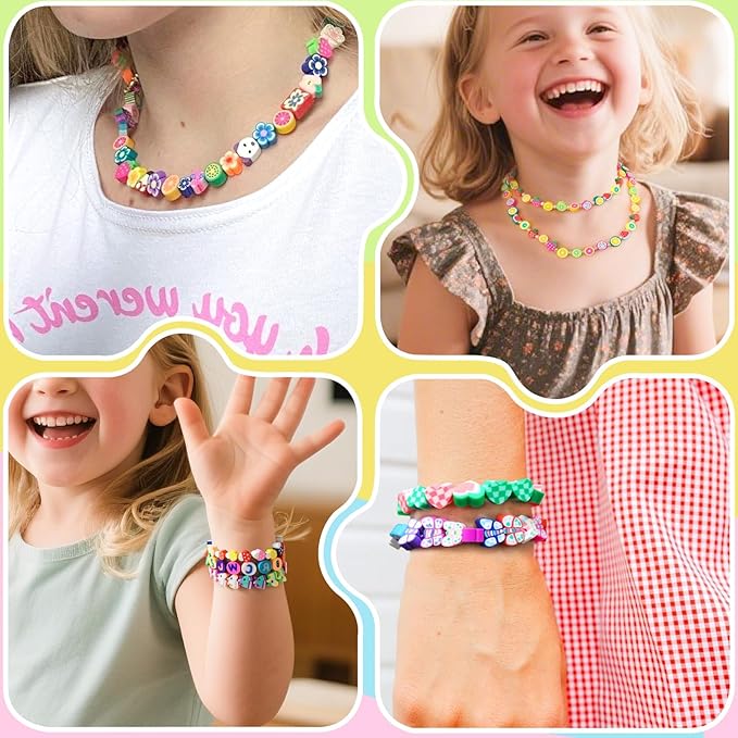 Gionlion 500 Pcs Polymer Clay Beads Bracelet Making Kit，24 Style Animal Fruit Flower Butterfly Bunny Pony Letter Beads Charms for Jewelry Making, DIY Art and Crafts Toys Gifts for 4+ Year Old Kids