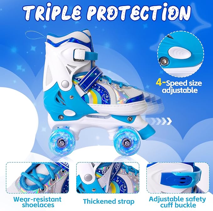 Rainbow Toddler Roller Skates - Size 4 Adjustable | Light Up Quad Skates for Girls & Boys Beginners Aged 3-12