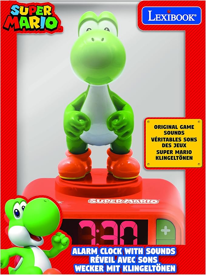 LEXiBOOK, Super Mario, Yoshi Nightlight Alarm Clock, Sounds and Melodies, LCD Backlit Screen, Luminous, Snooze, Red/Green, RL800NI1