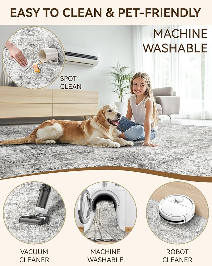 Washable Area Rugs 5'x7' Non-Slip Modern Abstract Soft for Living Room Entryway Bedroom Nursery, Print Pattern, Gray White Grey