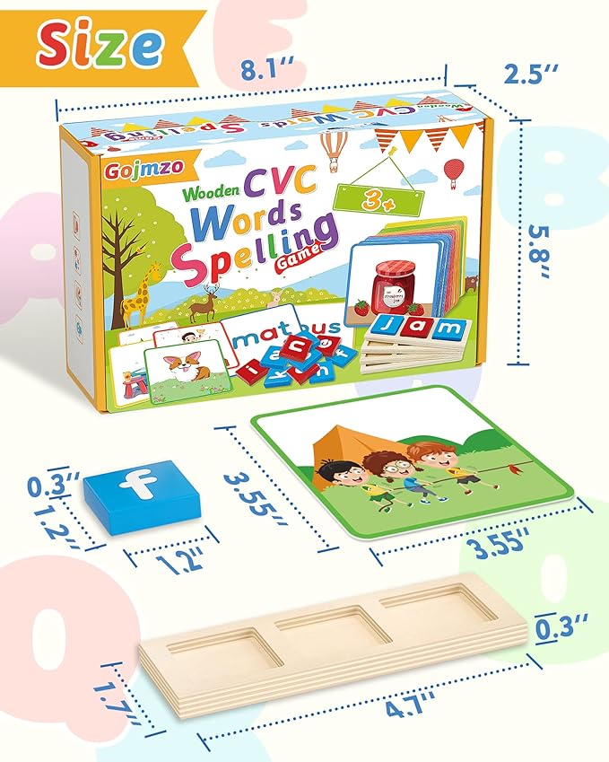 Gojmzo Wooden CVC Word Spelling Games, Preschool Kindergarten Learning Activities, Montessori Educational Toys Gifts for 3 4 5 6 Year Old Kids, Sight Words Flash Cards Reading Letters for Toddlers