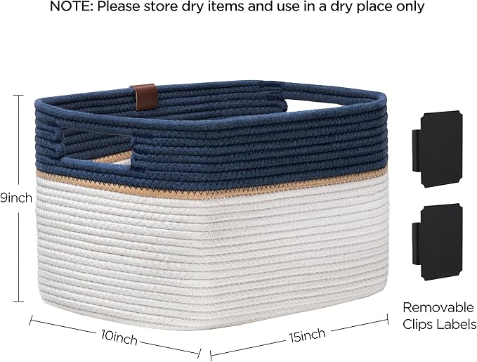 UBBCARE 2 Pack Baskets for Organizing, Woven Storage Baskets with Label for Toys and Towel, Rectangle Cotton Rope Basket with Handles, 15''L x10''W x9''H, Navy Blue&White