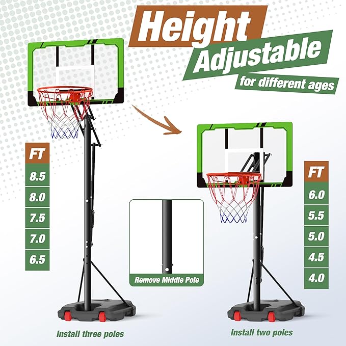 Mayfire Kids Basketball Hoop Adjustable Height 4-8.5 FT, Portable Basketball Goal System with 33'' Shatterproof Backboard for Kids Youth Teens in Driveway, Backyard, Outdoor Play