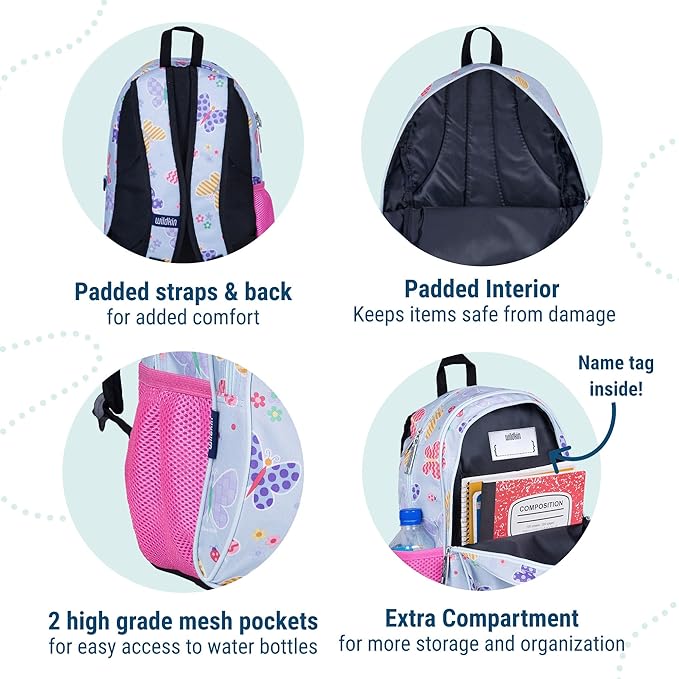 Wildkin 15-inch Kids Backpack – Durable, Padded, Adjustable for School & Travel - Butterfly Garden