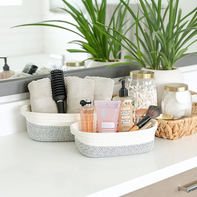 NaturalCozy 5-Piece Rectangle Storage Basket Set- Natural Cotton Rope Woven Baskets for Organizing! Small Basket for Montessori, Baby Nursery, Dog Toy Baskets, Cat Toy Box, Bathroom Organization Bin