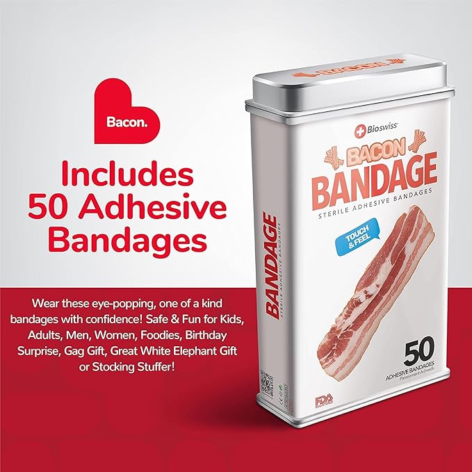 BioSwiss Bandages, Bacon Shaped Self Adhesive Bandage, Latex Free Sterile Wound Care, Fun First Aid Kit Supplies for Kids, 50 Count