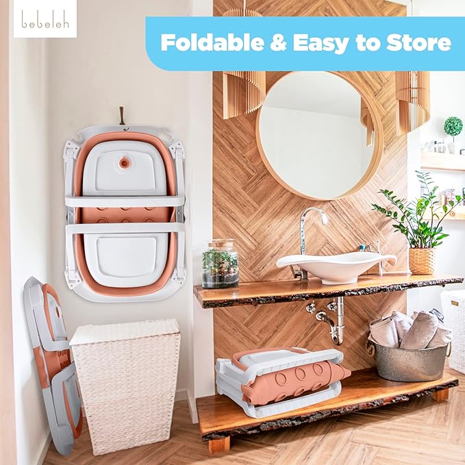 BEBELEH™ Collapsible Baby Bathtub – Bathtub + Baby tub Sling + Newborn Sling – Baby Bathtub Newborn to Toddler 0-24 Months – The Ultimate Travel Baby Bath Tub and Everyday Use! (Pink)