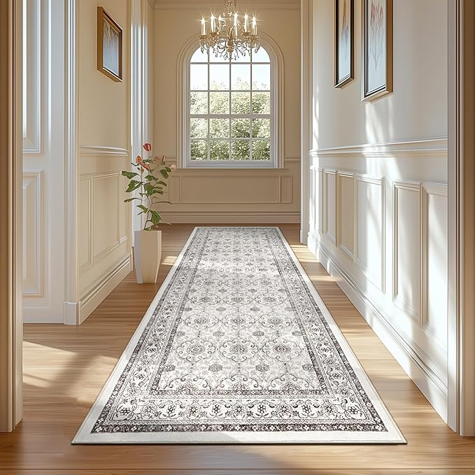 jinchan Hallway Runner Rug 3x10 - Machine Washable Beige Vintage Floral Distressed Design Soft Non-Slip Low-Pile Ultra-Thin Runner Rug for Kitchen Laundry Room Bedroom Farmhouse (3‘x10',Beige)