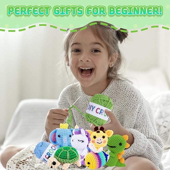 QYGYMXC 6PCS Crochet Kit for Beginners, Knitting Kit with Step-by-Step Video Tutorials, Beginner Crochet Kit for Adults, Crochet Animal Kit for Beginners Kids, Complete Kit Included 6 Cute Animals