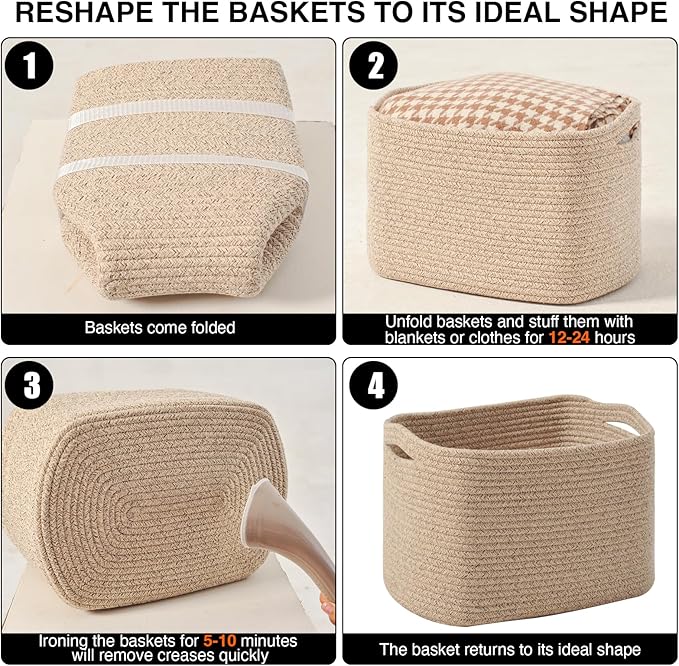 Decorative Storage Baskets for Organizing Shelves, Toy Basket for Nursery, Woven Cotton Rope Baskets for Decor, Towel Basket for Bathroom, 15"x11"x9.5", 3 Packs, Brown