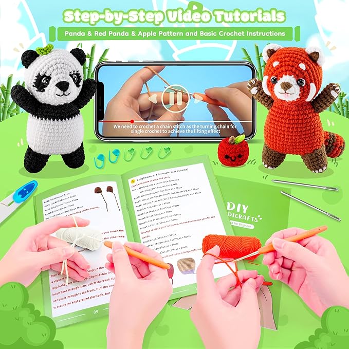 Crochet Kit for Beginners - 2PCS White and Red Panda Crochet Animal Kit with Step-by-Step Video Tutorials, Apple Crocheting Kit, Crochet Starter Kit for Kids and Adults, Beginners Knitting Kit