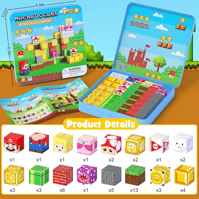 49PCS Mini Magnetic Tiles Travel Toys for Kids Ages 4-8, Magnetic Building Blocks Adventure Set with Portable Iron Storage Box & Play Base, STEM Learning Activities for Toddlers 3-5