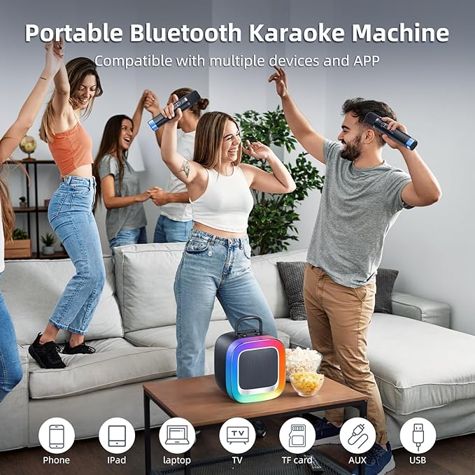Kinglucky 2025 Upgrade Karaoke Machine, Portable Bluetooth Speaker with 2 Wireless Microphones for Adults & Kids with Lights, Karaoke for All Smartphones, Birthday, Family, Home Party or Gifts (Black)