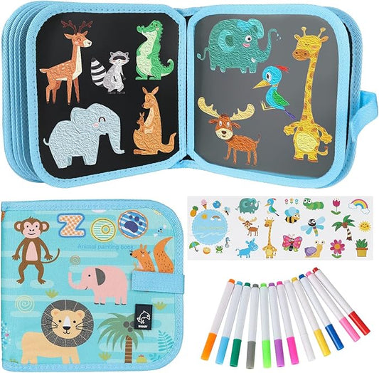 Erasable Doodle Set for Kids - Reusable Magic Drawing Book with 12 Watercolor Pens 14 Page Drawing, Road Trip Car Game Writing Painting Set for Boys and Girls (Blue Zoo)