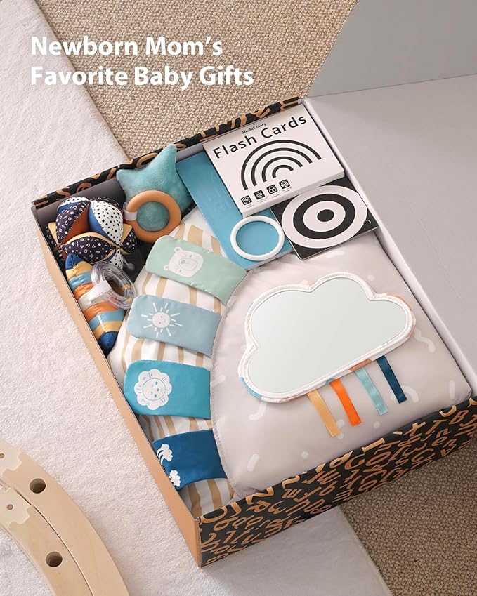 Blissful Diary Baby Play Gym & Activity Mat, 5 Developmental Zones Wooden Tummy Time Mat with 5 Detachable Sensory Toys for Motor Skills & Sensory Development, Baby Essentials Shower Gift