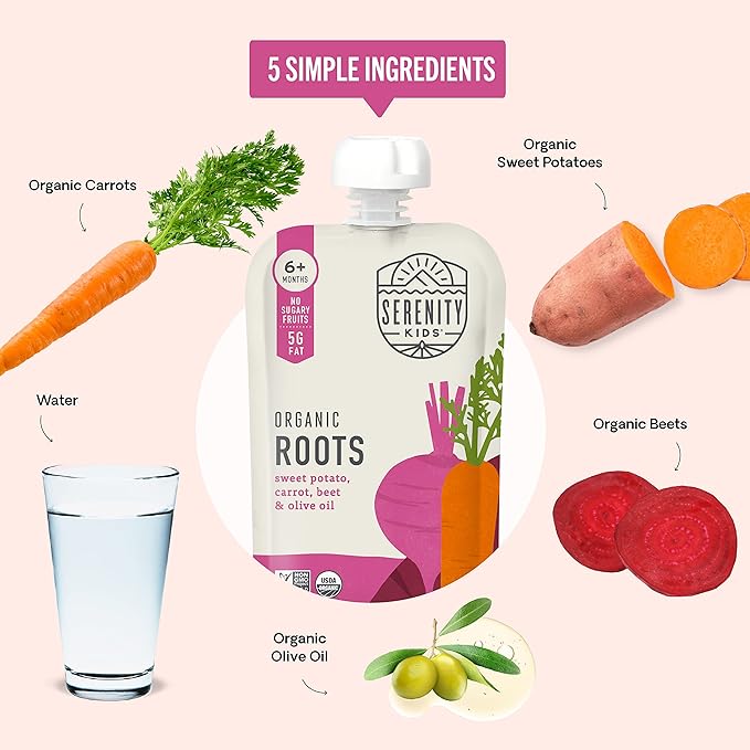 Serenity Kids 6+ Months USDA Organic Veggie Puree Baby Food Pouches | No Sugary Fruits or Added Sugar | Allergen Free | 3.5 Ounce BPA-Free Pouch | Roots | 1 Count