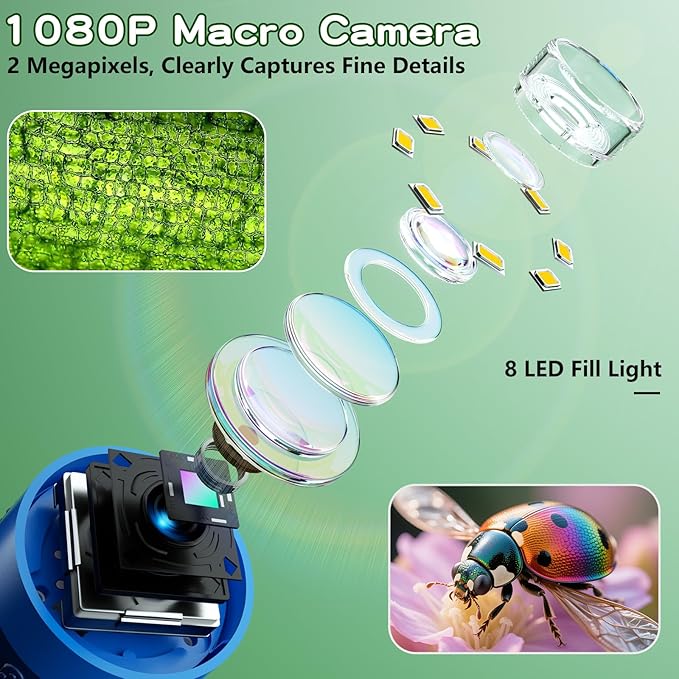 Microscope for Kids with 12 Slides, 100X-1000X 1080P Digital Handheld Kids Microscope, Mini Portable Pocket Miniscope Science Toys Gifts for 3+ 4 5 6 7 8 9 10 11 12 Year Old Boys Girls, Blue