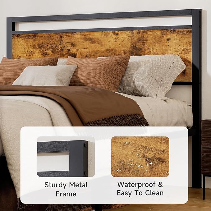 King Metal Bed Frame with Wooden Headboard and Footboard, Heavy Duty Platform - Image 4
