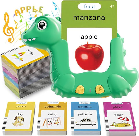 Spanish and English Talking Flash Cards for Toddlers with 510 Sight Words, Dinosaur Shaped Bilingual Pocket Speech Therapy and Autism Toys, Educational Learning Toys Gift for Kid Boys Girls