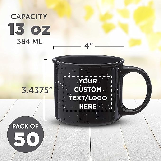 DISCOUNT PROMOS Custom Ceramic Campfire Coffee Mugs 13 oz. Set of 50, Personalized Bulk Pack - Perfect for Tea, Espresso, Cappuccino, Hot Cocoa - Black