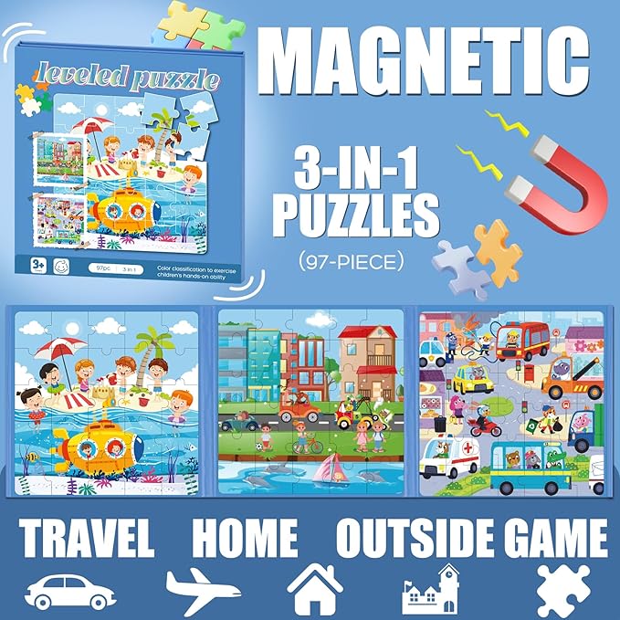 Magnetic Puzzles for Toddlers 3-5, 75-Pieces Travel Toys, Transportation Puzzles Ages 4-6, Educational Learning Magnets, Road Car Trip & Airplane Activities Toys for 3 4 5 6 7 Girls Boys Gift